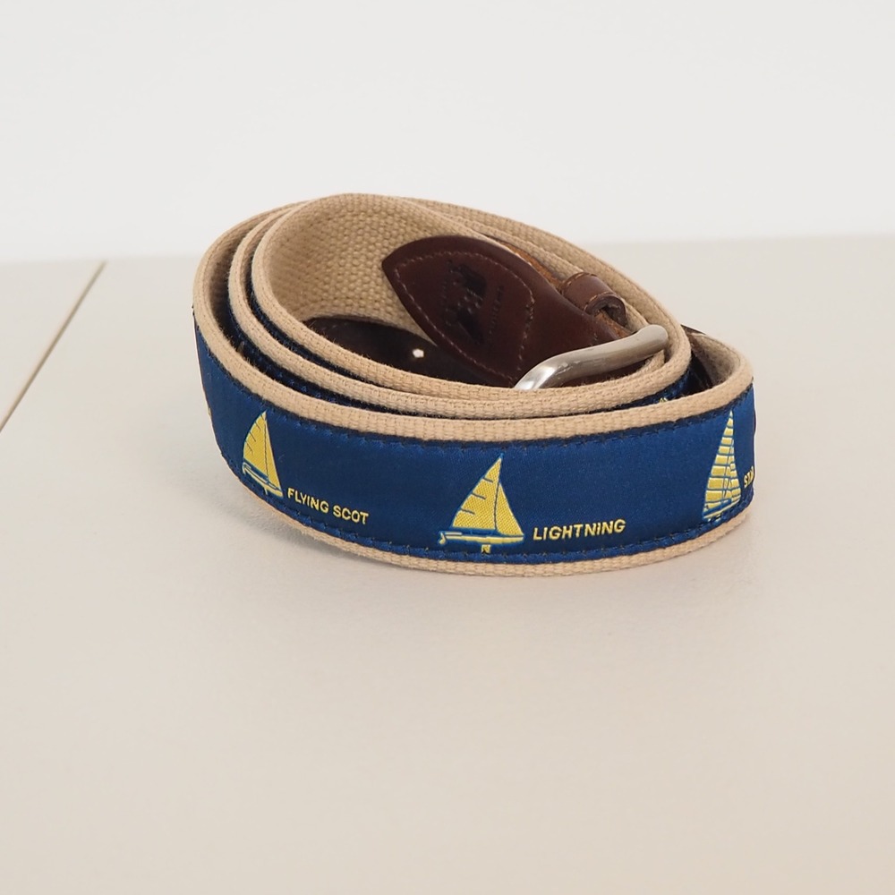 Belted Cow Co Nautical Sailboat Ribbon Club Belt Mens‎ 44 Leather Preppy Yacht
